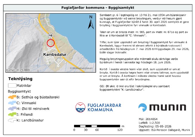 Broyting í byggisamtyktini fyri vinnuøki á Kambsdali.